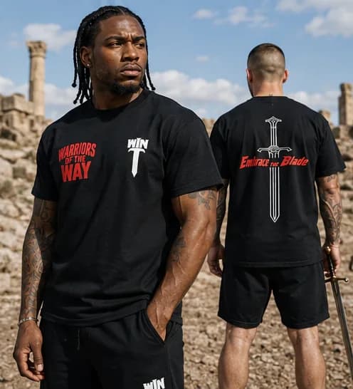 Two athletes side by side, one facing forward and one turned away, showing both prints of the tee