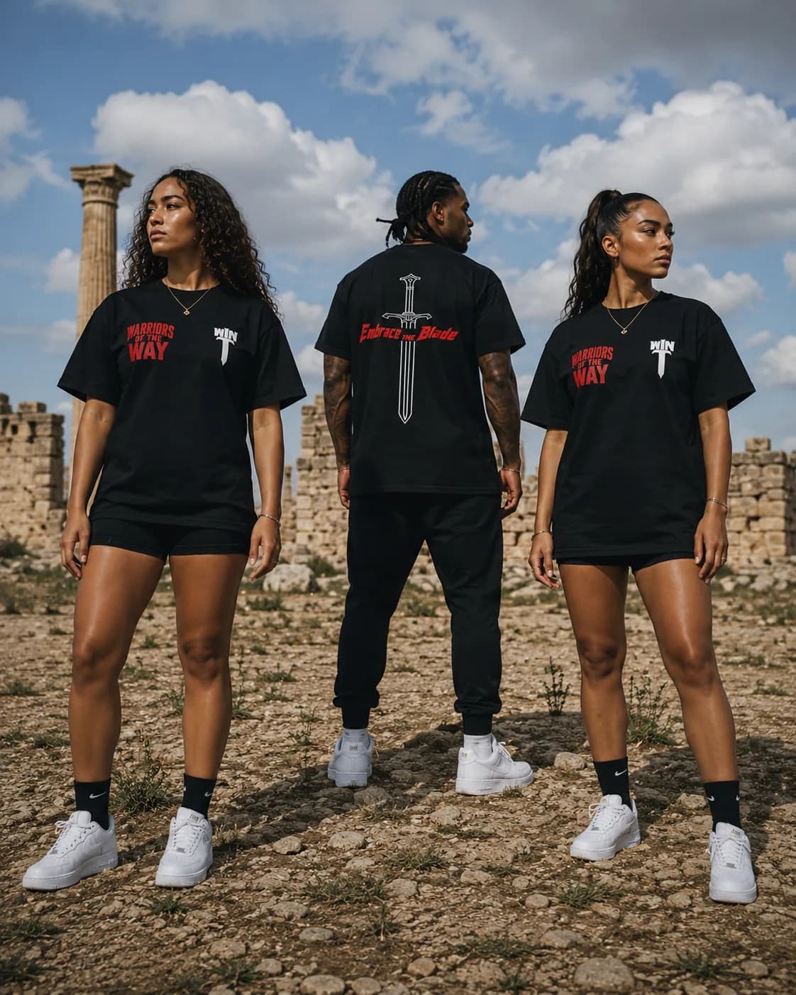 Three athletes in Warriors of the Way tees among desert ruins — the red wordmark on the front, the sword and 'Embrace the Blade' on the back
