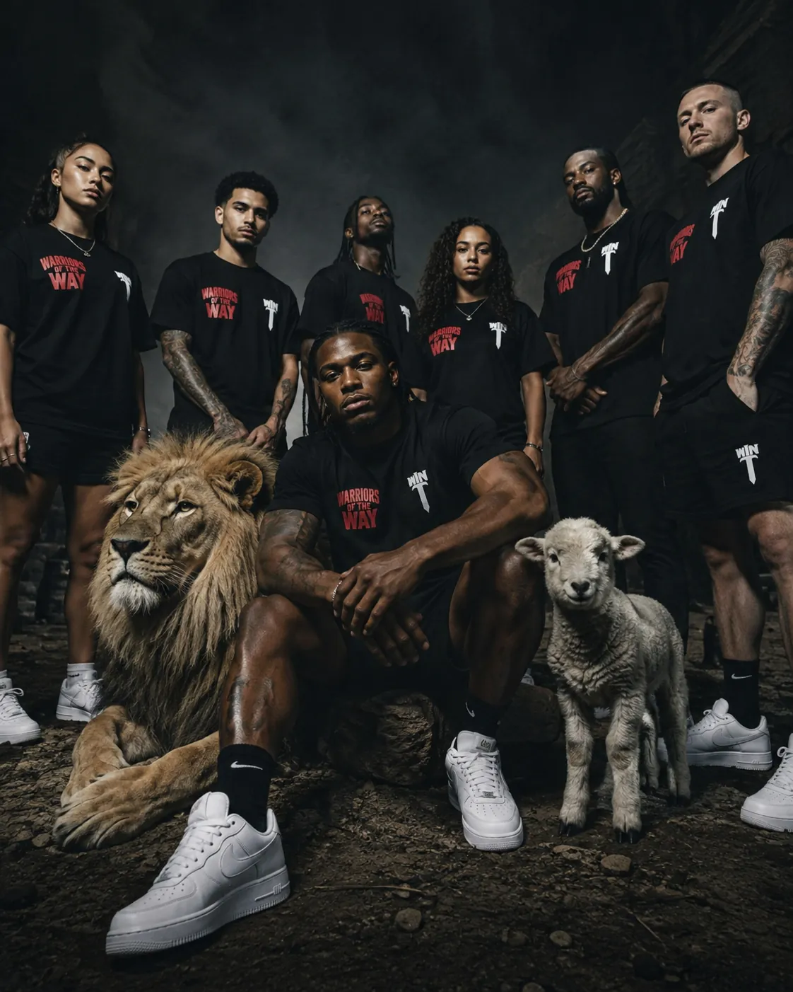 Anthony Wint with the Warriors of the Way collective, a lion and a lamb at his side